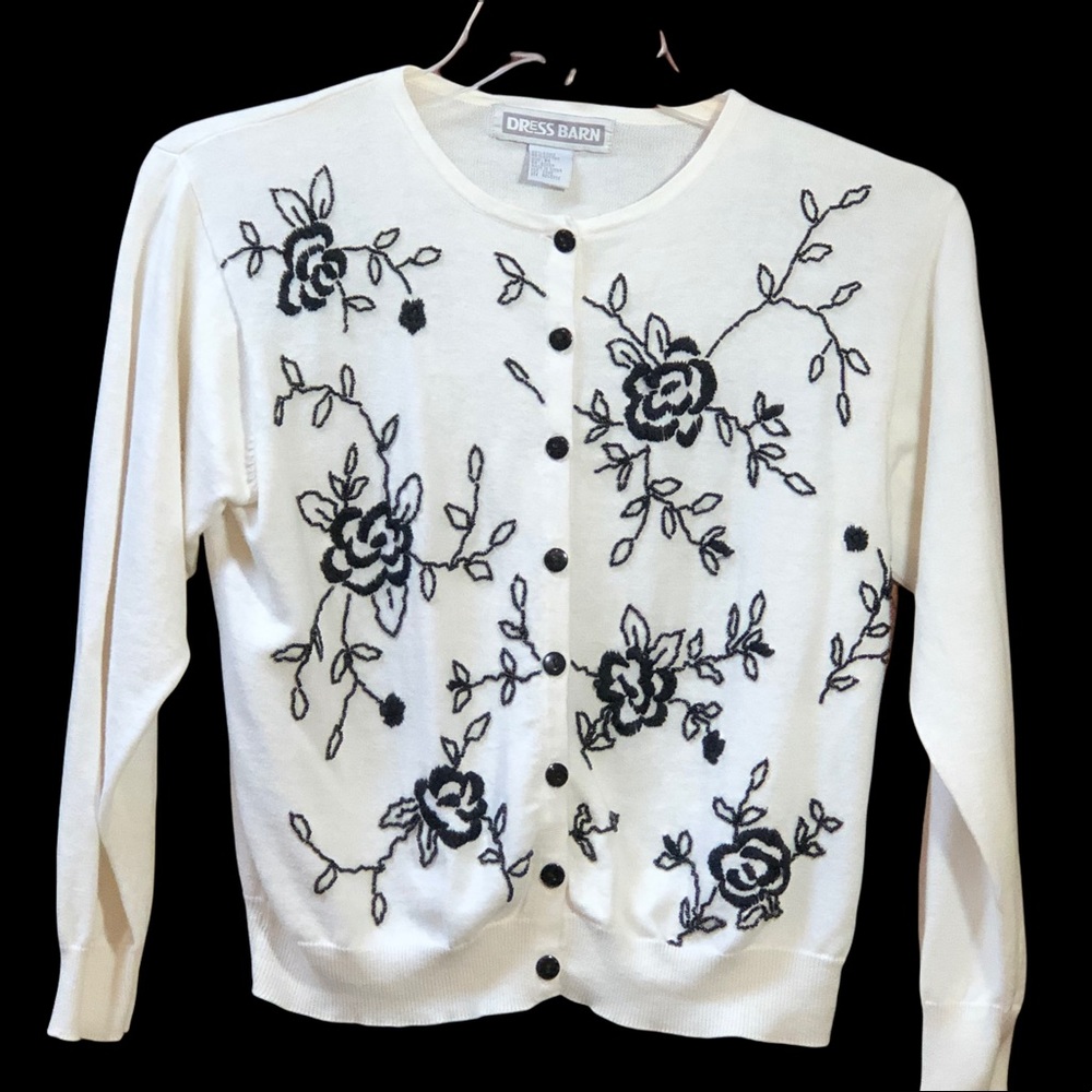 Dress Barn Ivory Cardigan with Black Embroidered and Beaded Flowers Size M